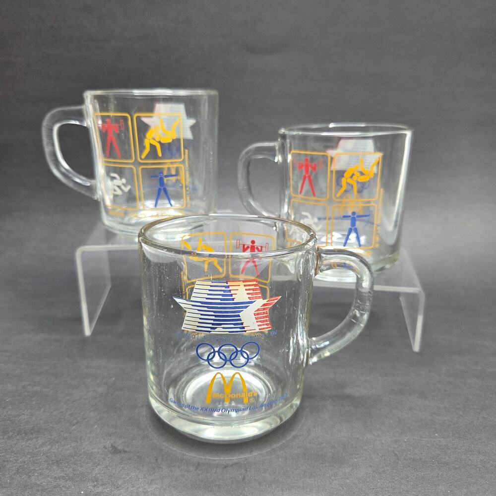 1984 Summer Olympics Los Angeles Glass Coffee Mug 8oz Cup McDonalds Set Of 3
